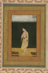 Une dame marche dans un jardin, folio d