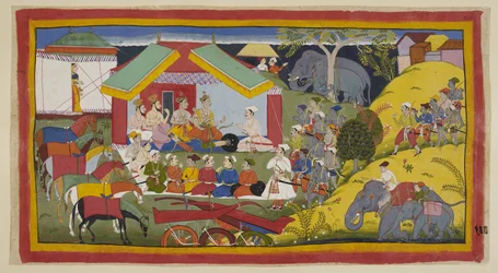 Bharata et ses partisans ont atteint la capitale du royaume de Nishada. Dans leur campement sur les rives du Gange, Bharata, son frère et ses ministres sont assis en durbar devant leur tente. Le roi Nishada Guha arrive