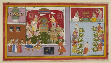 Grâce à ses pouvoirs magiques, Bharadvaja a conjuré un palais dans un jardin de plaisance pour le divertissement et le rafraîchissement de ses invités. Bharadvaja et les autres ascètes et brahmanes sont assis dans la salle du trône, tandis que les deux pri