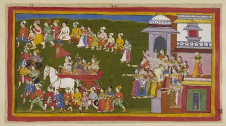 Rama, sa femme et son frère partent en char conduit par Sumantra et sont entourés par les habitants de la ville en deuil, dont les larmes apaisent la poussière soulevée par le char. Dasaratha se précipite de son palais et passe par la porte