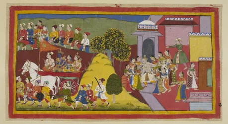 Rama, insupportablement affligé à la vue de ses parents âgés courant désespérément après le char, a pressé le conducteur. Le char passe derrière une colline, toujours entouré par les habitants de la ville, tandis que Dasaratha, qui a couru après lui,