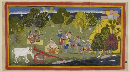 Les compagnons ont atteint la rivière Ganga à Srngaverapura. Rama et Sita sont assis sur un tapis de paille sous un arbre