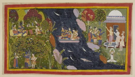 Bharadvāja, à droite dans son ermitage, conseille aux voyageurs le chemin vers Citrakuta. Au centre, ils traversent la Yamunā sur un radeau improvisé, avec Sita priant à nouveau la déesse de la rivière pour un retour en toute sécurité