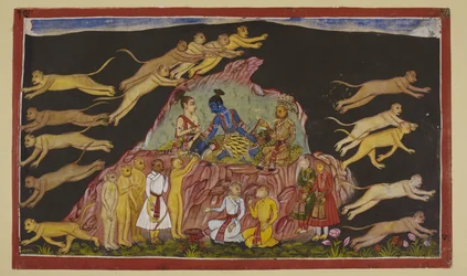 Add 15296 (2) f.49r, Rama, Laksmana et Sugriva sont assis sur une hauteur rocheuse. Sugriva divise ses vastes forces en quatre et les envoie rechercher Sita dans les quatre directions. Il décrit à chaque chef de troupe le terrain qu