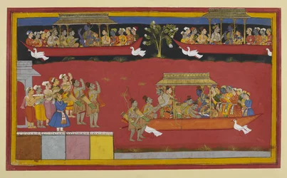 Bharata et Śatrughna saluent Rāma et Sītā lors du départ du Puṣpaka.