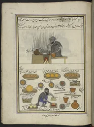 Fabricants de nourriture cuite et de kawab, 86 dessins reliés en un volume représentant des métiers et occupations au Cachemire, des artisans montrés au travail avec leurs outils et équipements, par un artiste du Cachemire, probablement à Srinagar, c.1850-