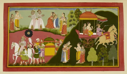Dasaratha et ses reines retournent à Ayodhya, laissant derrière eux Rishyasringa et Shanta.