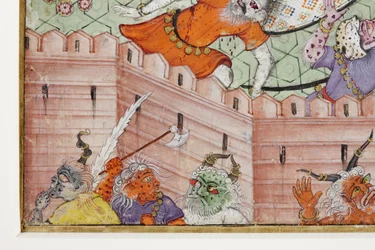 (détail) Krishna fend le démon Narakasura avec son disque