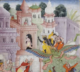 (détail) Krishna fend le démon Narakasura avec son disque