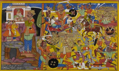 Dhanada envoie Manibhadra combattre Rāvaṇa, montré en train de se battre férocement.