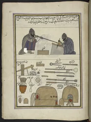 Souffleurs de verre, 86 dessins reliés en un volume représentant des métiers et occupations au Cachemire, les artisans sont montrés au travail avec leurs outils et équipements, par un artiste du Cachemire, probablement à Srinagar, vers 1850-60