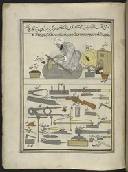 Armurier, 86 dessins reliés en un volume représentant des métiers et occupations au Cachemire, les artisans sont montrés au travail avec leurs outils et équipements, par un artiste du Cachemire, probablement à Srinagar, vers 1850-60
