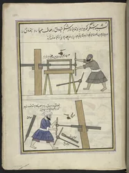 Armuriers forant un canon, 86 dessins reliés en un volume représentant des métiers et occupations au Cachemire, les artisans sont montrés au travail avec leurs outils et équipements, par un artiste du Cachemire, probablement à Srinagar, vers 1850-60