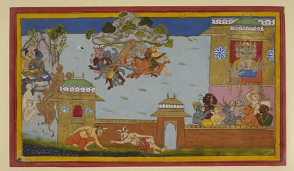 Hanumān repousse les démons ; Rāma et Rāvaṇa observent.