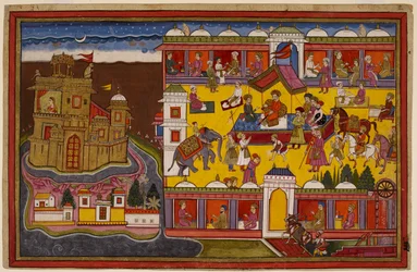 Hanumān observe la place principale de Laṅkā depuis le toit du bazar, puis se rend au sommet du palais doré de Rāvaṇa.