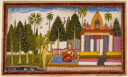 Hanumān se révèle à Sītā, offrant de la sauver, mais elle insiste que seul Rāma peut le faire, lui donnant un bijou pour Rāma. 1653 (miniature)