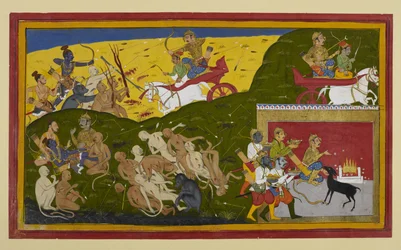 Indrajit se bat tandis que Rāma pleure la mort de Sītā, réconforté par Lakṣmaṇa et Vibhīṣaṇa.