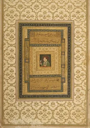 Jahangir tenant une image de la Madone, inscription en persan : Jahangir Shah, Moghol, 1620