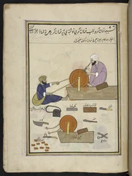Aiguiseurs de couteaux, 86 dessins reliés en un volume représentant des métiers et occupations au Cachemire, les artisans sont montrés au travail avec leurs outils et équipements, par un artiste du Cachemire, probablement à Srinagar, vers 1850-60