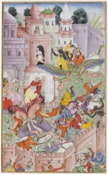 Krishna fend le démon Narakasura avec son disque