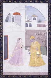 Krishna tenant une fleur de lotus, son amante en sari rose, vers 1800