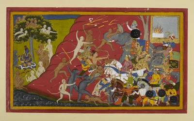 Lakṣmaṇa, Hanumān et Vibhīṣaṇa attaquent Indrajit ; la nouvelle parvient à Rāma.