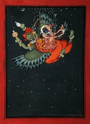 Sur les ailes de Garuda : Krishna et Satyabhama volent dans le ciel nocturne