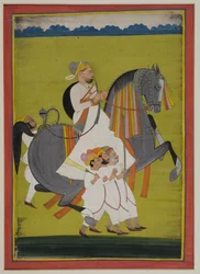 Portrait de Thakur Surtan Singh de Nimbaj, à cheval avec des assistants à pied