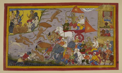 Prahasta est vaincu par Nīla au milieu des femmes malades ; Rāvaṇa et les démons désespèrent.