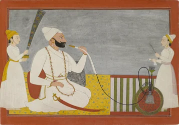 Raja Ajmat Dev de Mankot fumant une chicha, c.1730