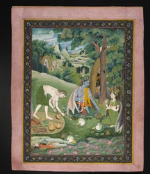 Rama, Lakshmana et Sita cuisinant et mangeant dans la nature, c.1820