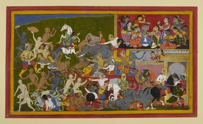 Rāma et Lakṣmaṇa tuent les démons tandis que les titans féminins se lamentent, se souvenant d
