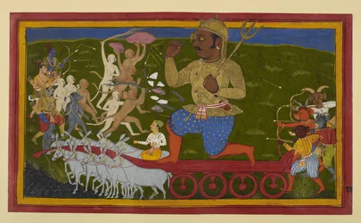 Rāma et ses alliés attaquent Kumbhakarṇa, qui se défend depuis son char.
