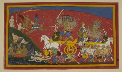 Rāma attaque dans le dos de Hanumān ; Rāvaṇa blessé bat en retraite.