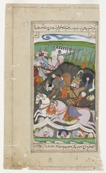 Rustam soulève Afrasiab de sa selle par sa ceinture