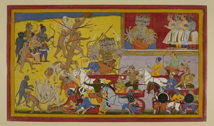Rāvaṇa mène ses forces tandis que Sugrīva avance ; Rāma et ses alliés se tiennent en réserve.