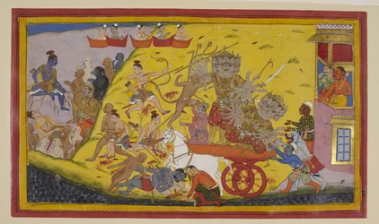 Rāvaṇa blesse Lakṣmaṇa ; Hanumān frappe Rāvaṇa et sauve Lakṣmaṇa.
