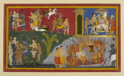 Les rites funéraires de Rāvaṇa sont accomplis ; Vibhīṣaṇa est couronné roi par Lakṣmaṇa.