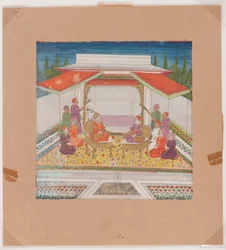 Figures assises et servantes devant une fontaine