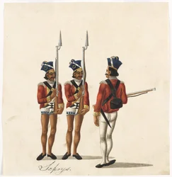 Cipayes et un officier indien, armée du Bengale, vers 1815