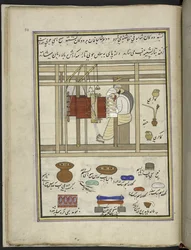 Tisserands de châles tissant des châles sur un métier, 86 dessins reliés en un volume représentant des métiers et occupations au Cachemire, des artisans montrés au travail avec leurs outils et équipements, par un artiste du Cachemire, probablement à Srinag