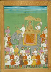 Le sultan Akbar chevauche un éléphant avec la cour de Shah Alem