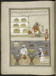 Fabricants de sucreries, 86 dessins reliés en un volume représentant des métiers et occupations au Cachemire, Les artisans sont montrés au travail avec leurs outils et équipements, Par un artiste du Cachemire, probablement à Srinagar, c.1850-60