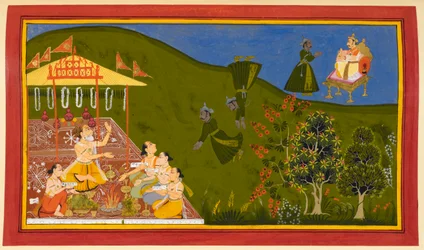 Trishanku monte au ciel mais Indra lui demande de revenir sur terre et, alors qu