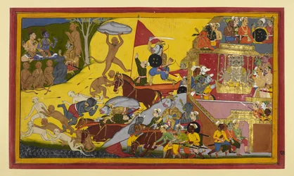 Vajradaṃṣṭra est tué par Aṅgada au milieu de présages ; le camp de Rāma se réjouit.