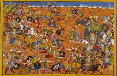 Viṣṇu conduit les dieux, vainc Malyavān, les démons se retirent dans la honte.