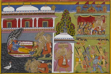 Viṣṇu se repose avec Lakshmi lors de la chute de Rāvaṇa, puis enlève des femmes dans son char.