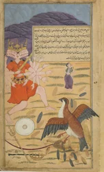 Vol.1 fol.132 Le vautour Jatayus entend la supplique de Sita et combat Ravana