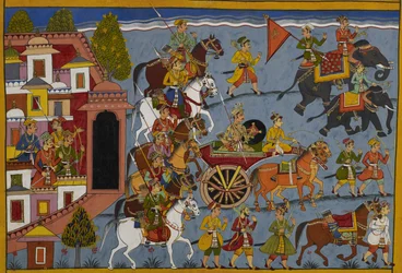 Śatrughna quitte Ayodhya pour retourner dans son royaume, accompagné de ses serviteurs.