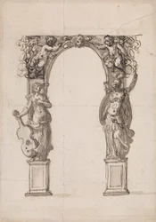 Conception pour une arche temporaire ornée de putti et de figures allégoriques de la musique et de la guerre